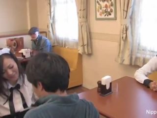 Pleasant asian waitress gives double blowjob