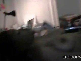 Lusty college beauty gets snatch banged in dorm room gangbang