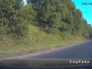 Bent over diva takes fake cops penis in public