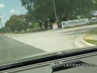 Slim cheated schoolgirl bangs stranger in his car in public