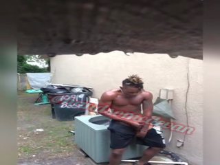 Neighbors Watch teen Handsomedevan stroke his phallus in the rain