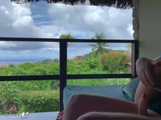 Peter bouncing on a public balcony on honeymoon in paradise&comma; projectfundiary