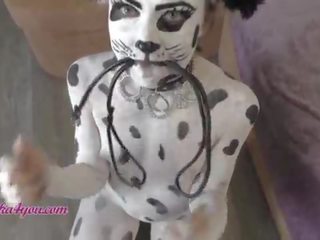 Beautiful young lady In Dalmatian Costume Playfully Rides Cavalier's Big member